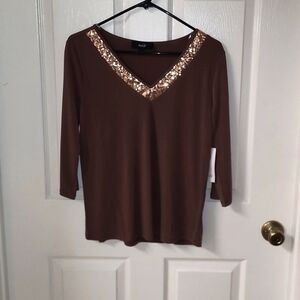 Naif Juniors Brown Gold Sequin Vneck Mid-Sleeve Blouse 95% Polyester 5% Spandex